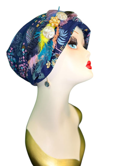 Fancy Feathered Jeweled Knit Hat - Sparkly Winter Flapper Beanie - Luxury Skiing Hat