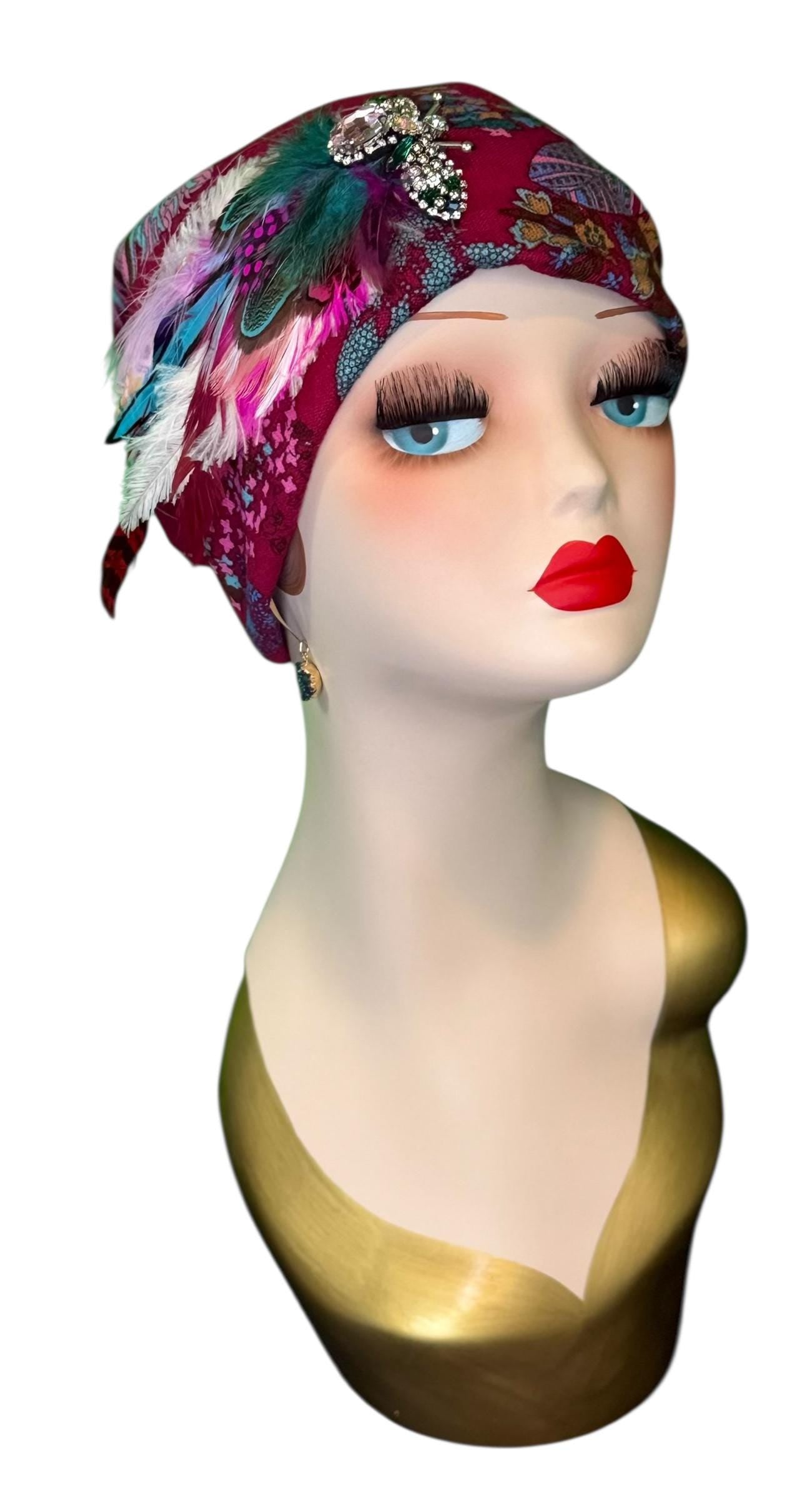Fancy Feathered Jeweled Knit Hat - Sparkly Winter Flapper Beanie - Luxury Skiing Hat