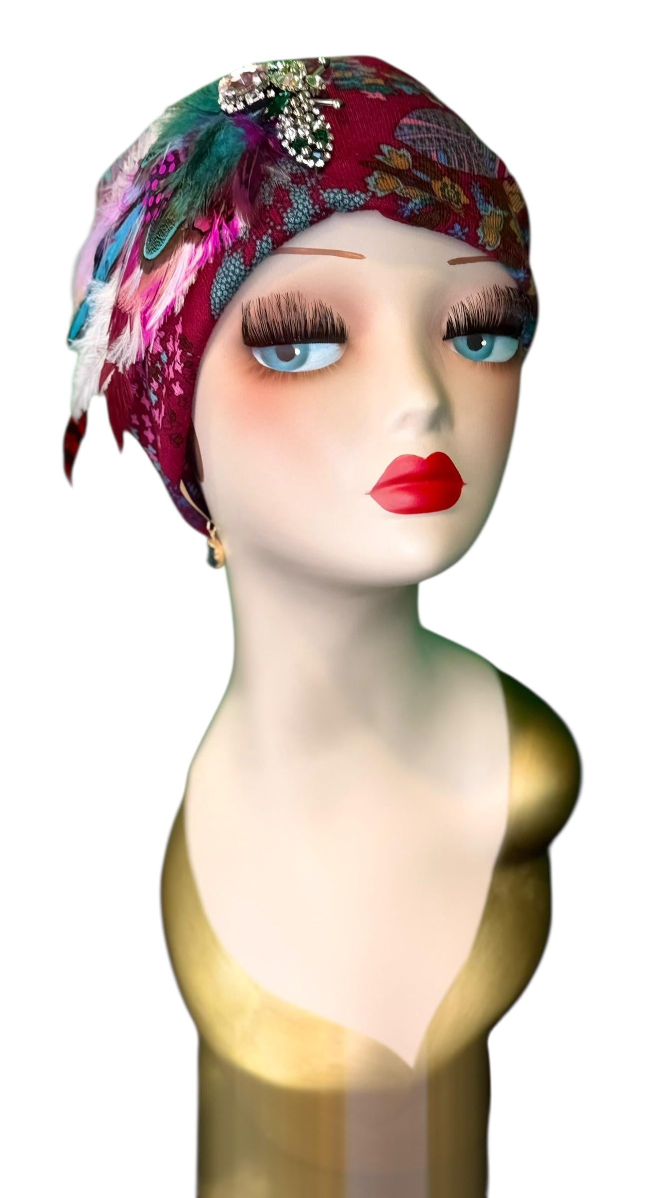 Fancy Feathered Jeweled Knit Hat - Sparkly Winter Flapper Beanie - Luxury Skiing Hat