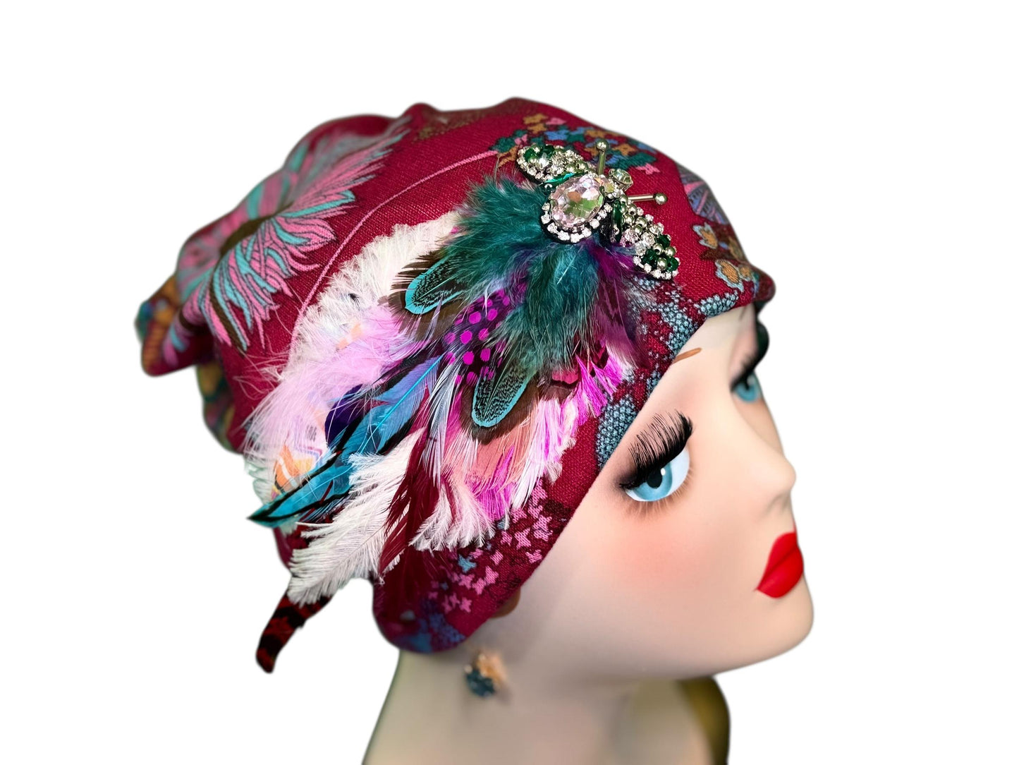 Fancy Feathered Jeweled Knit Hat - Sparkly Winter Flapper Beanie - Luxury Skiing Hat