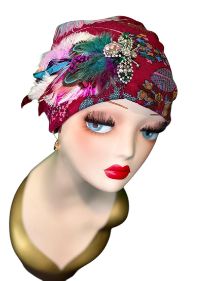 Fancy Feathered Jeweled Knit Hat - Sparkly Winter Flapper Beanie - Luxury Skiing Hat