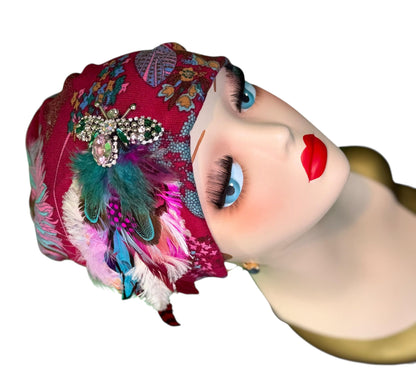 Fancy Feathered Jeweled Knit Hat - Sparkly Winter Flapper Beanie - Luxury Skiing Hat