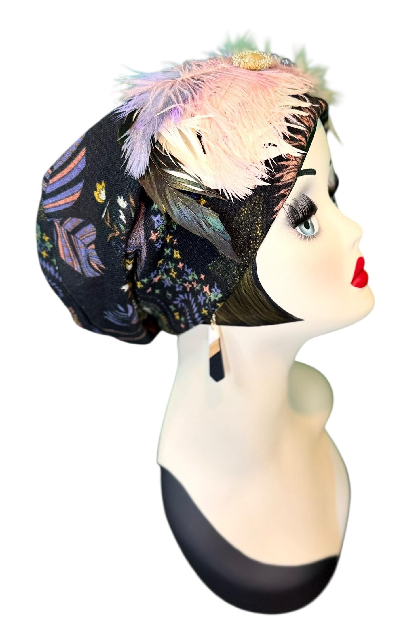 Fancy Feathered Jeweled Knit Hat - Sparkly Winter Flapper Beanie - Luxury Skiing Hat