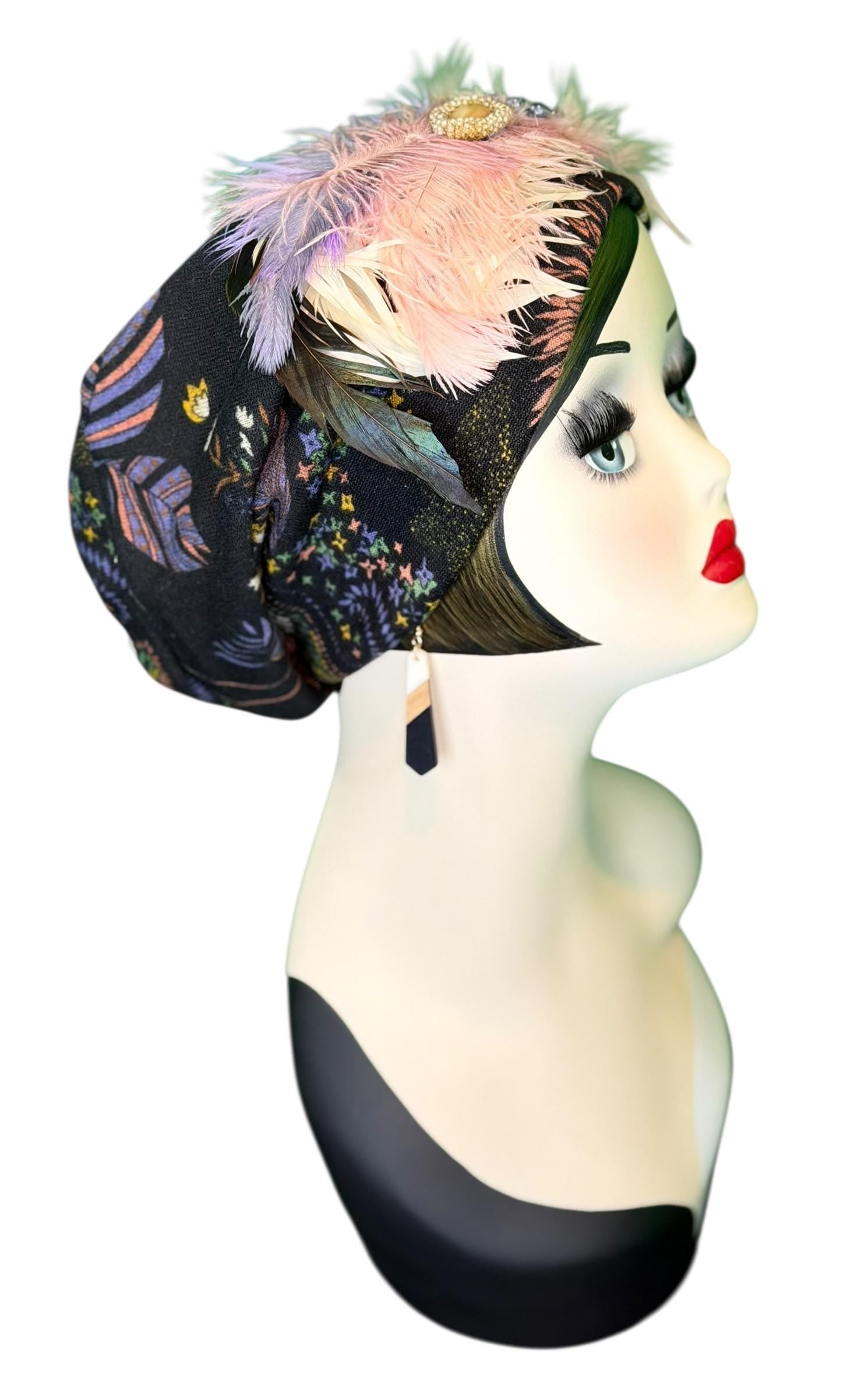 Fancy Feathered Jeweled Knit Hat - Sparkly Winter Flapper Beanie - Luxury Skiing Hat