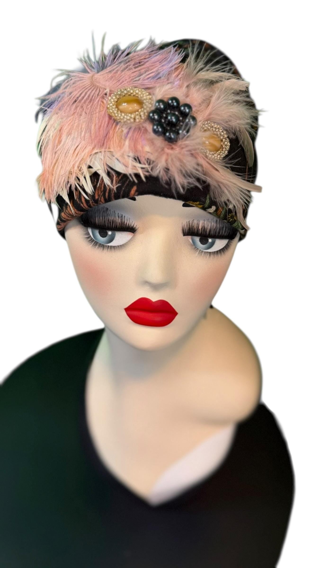 Fancy Feathered Jeweled Knit Hat - Sparkly Winter Flapper Beanie - Luxury Skiing Hat