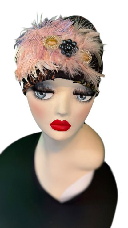 Fancy Feathered Jeweled Knit Hat - Sparkly Winter Flapper Beanie - Luxury Skiing Hat