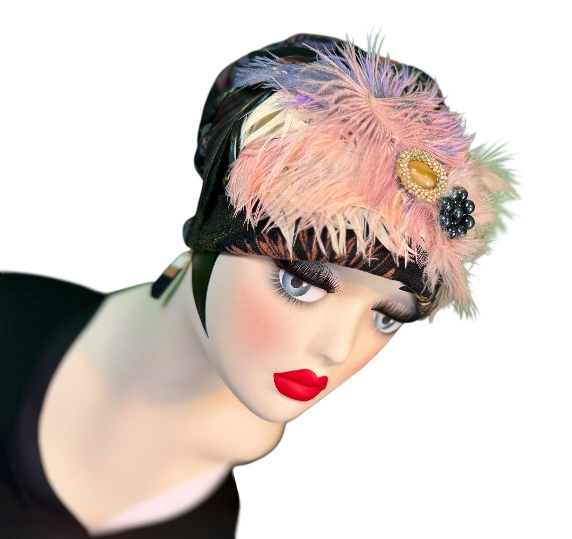 Fancy Feathered Jeweled Knit Hat - Sparkly Winter Flapper Beanie - Luxury Skiing Hat