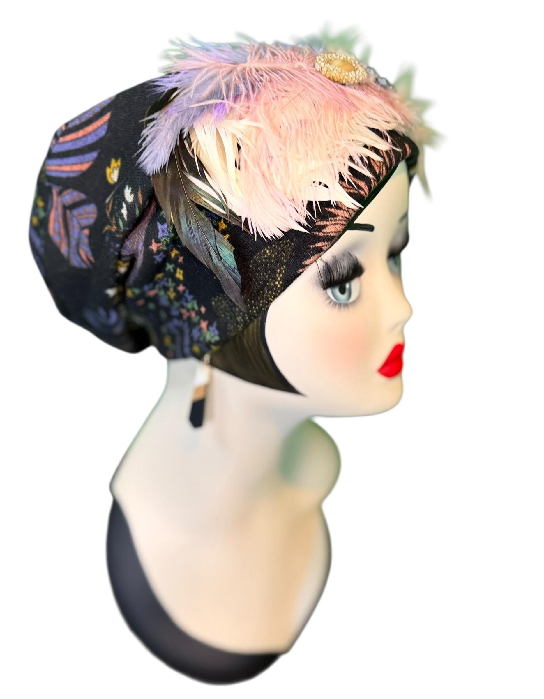 Fancy Feathered Jeweled Knit Hat - Sparkly Winter Flapper Beanie - Luxury Skiing Hat
