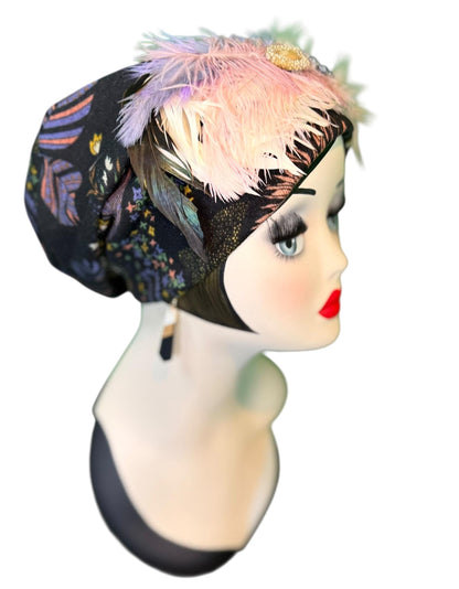 Fancy Feathered Jeweled Knit Hat - Sparkly Winter Flapper Beanie - Luxury Skiing Hat