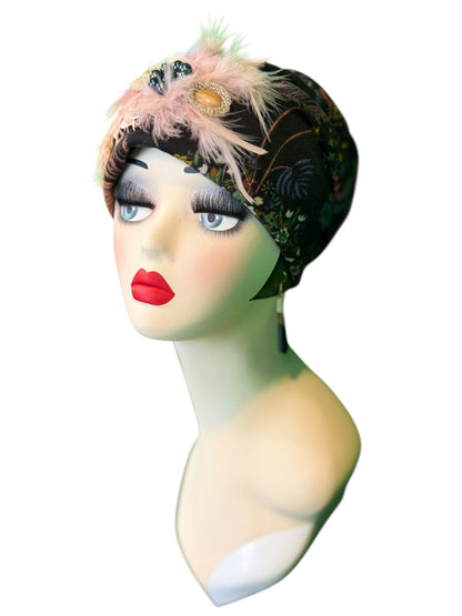 Fancy Feathered Jeweled Knit Hat - Sparkly Winter Flapper Beanie - Luxury Skiing Hat