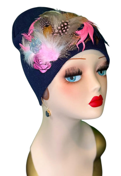 Fancy Feathered Jeweled Knit Hat - Fashionable Statement Winter Flapper Beanie - Luxury Skiing Hat