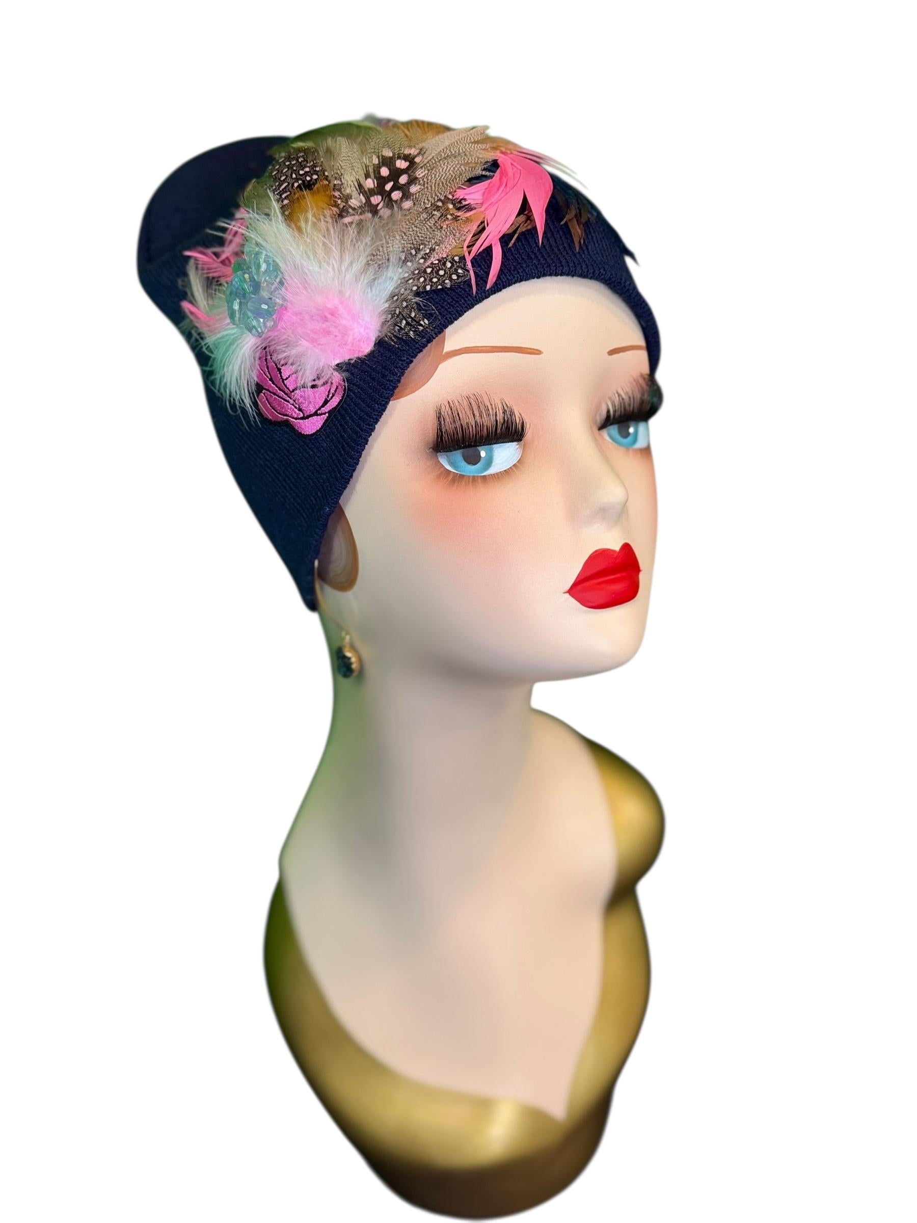 Fancy Feathered Jeweled Knit Hat - Fashionable Statement Winter Flapper Beanie - Luxury Skiing Hat