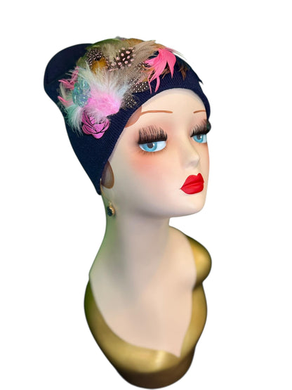 Fancy Feathered Jeweled Knit Hat - Fashionable Statement Winter Flapper Beanie - Luxury Skiing Hat