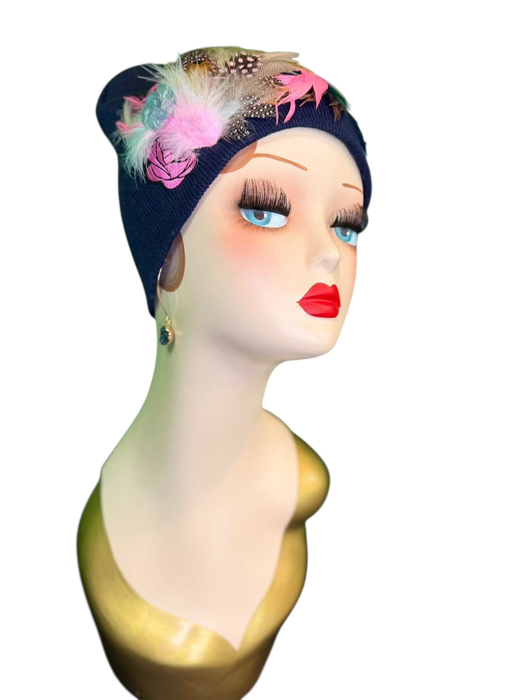 Fancy Feathered Jeweled Knit Hat - Fashionable Statement Winter Flapper Beanie - Luxury Skiing Hat