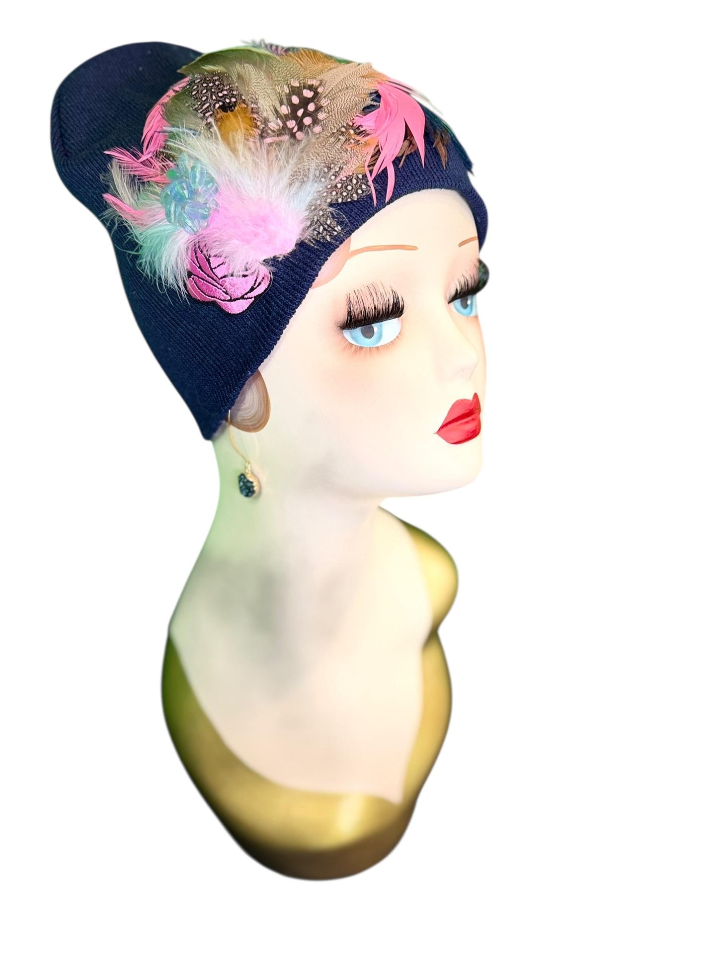 Fancy Feathered Jeweled Knit Hat - Fashionable Statement Winter Flapper Beanie - Luxury Skiing Hat