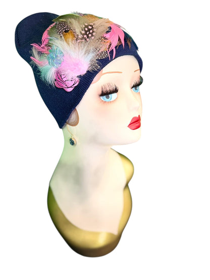 Fancy Feathered Jeweled Knit Hat - Fashionable Statement Winter Flapper Beanie - Luxury Skiing Hat