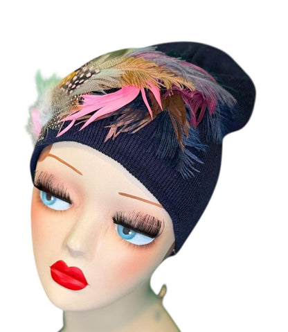 Fancy Feathered Jeweled Knit Hat - Fashionable Statement Winter Flapper Beanie - Luxury Skiing Hat