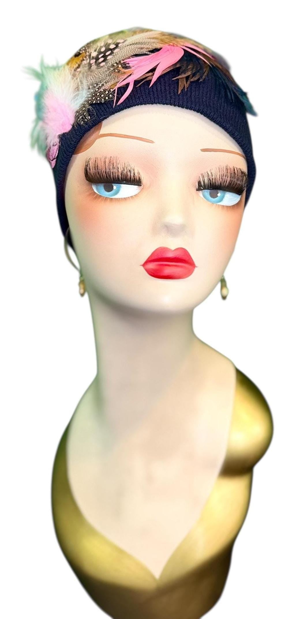 Fancy Feathered Jeweled Knit Hat - Fashionable Statement Winter Flapper Beanie - Luxury Skiing Hat