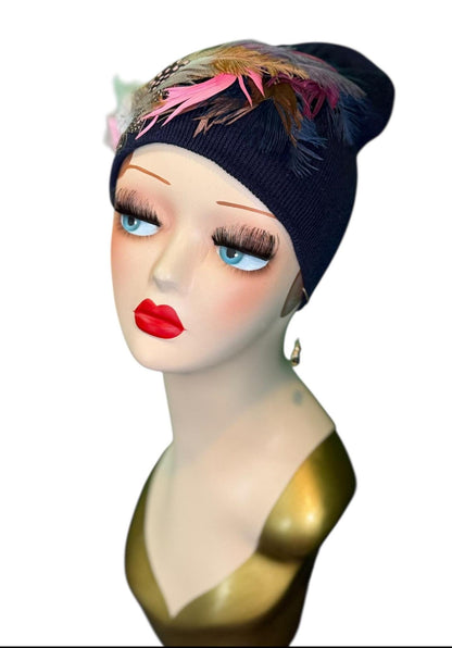 Fancy Feathered Jeweled Knit Hat - Fashionable Statement Winter Flapper Beanie - Luxury Skiing Hat
