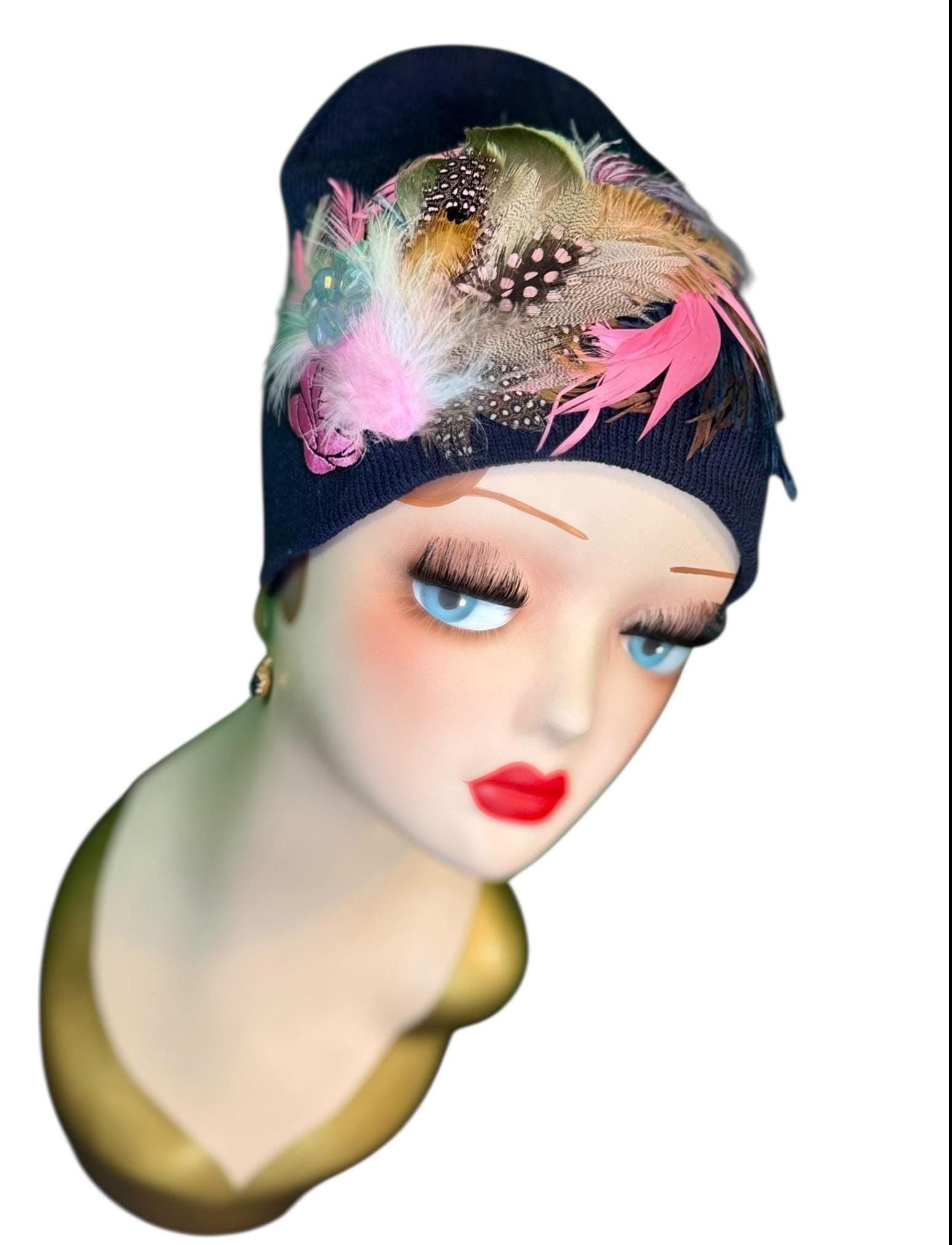 Fancy Feathered Jeweled Knit Hat - Fashionable Statement Winter Flapper Beanie - Luxury Skiing Hat