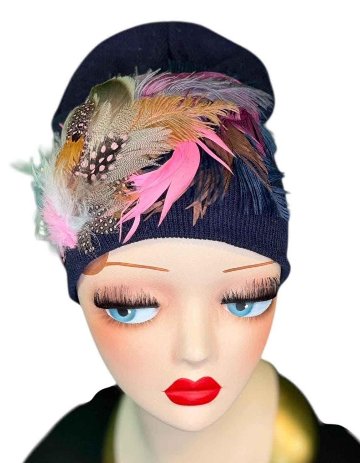 Fancy Feathered Jeweled Knit Hat - Fashionable Statement Winter Flapper Beanie - Luxury Skiing Hat