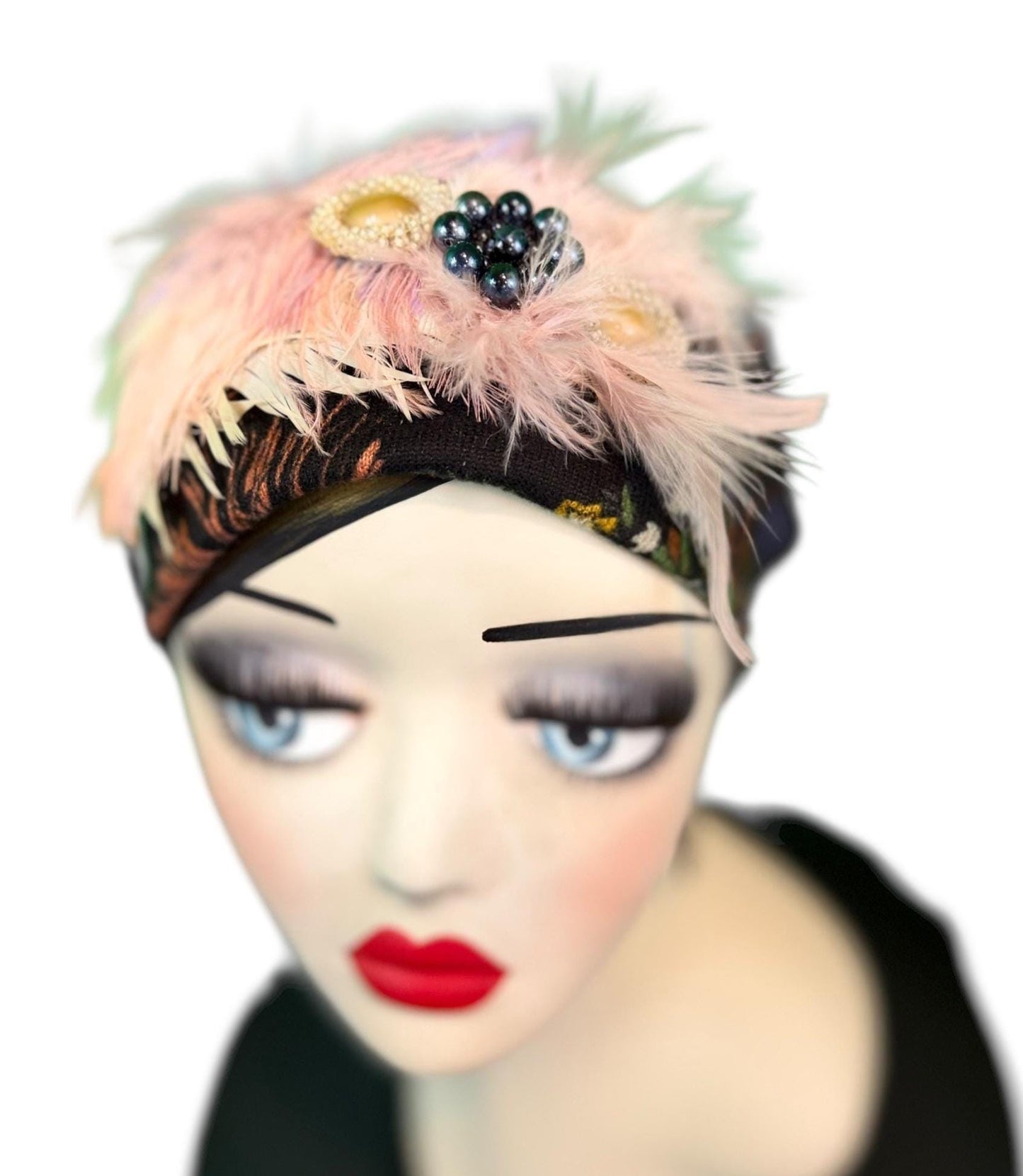 Fancy Feathered Jeweled Knit Hat - Sparkly Winter Flapper Beanie - Luxury Skiing Hat