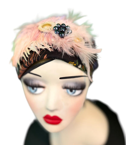 Fancy Feathered Jeweled Knit Hat - Sparkly Winter Flapper Beanie - Luxury Skiing Hat