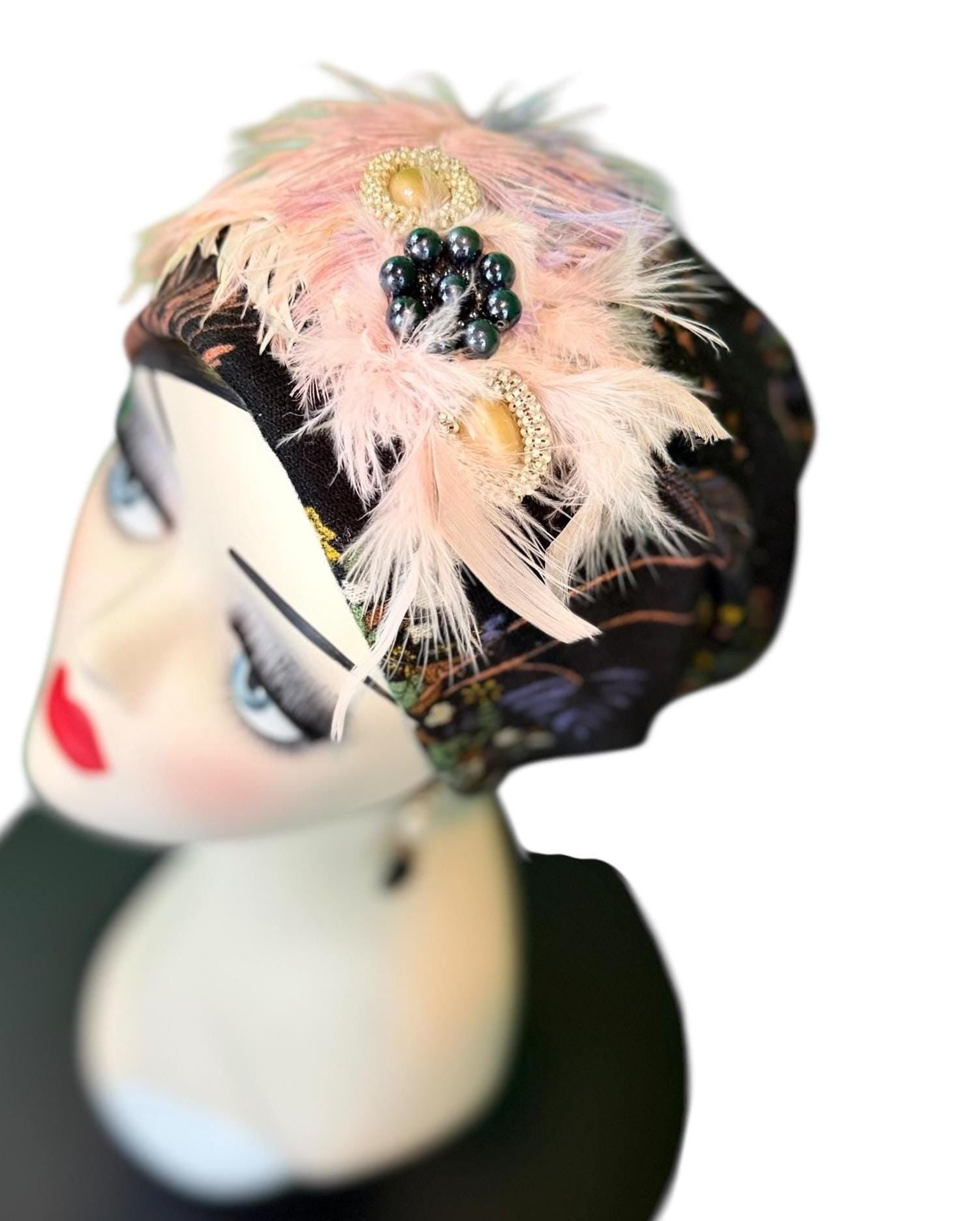 Fancy Feathered Jeweled Knit Hat - Sparkly Winter Flapper Beanie - Luxury Skiing Hat