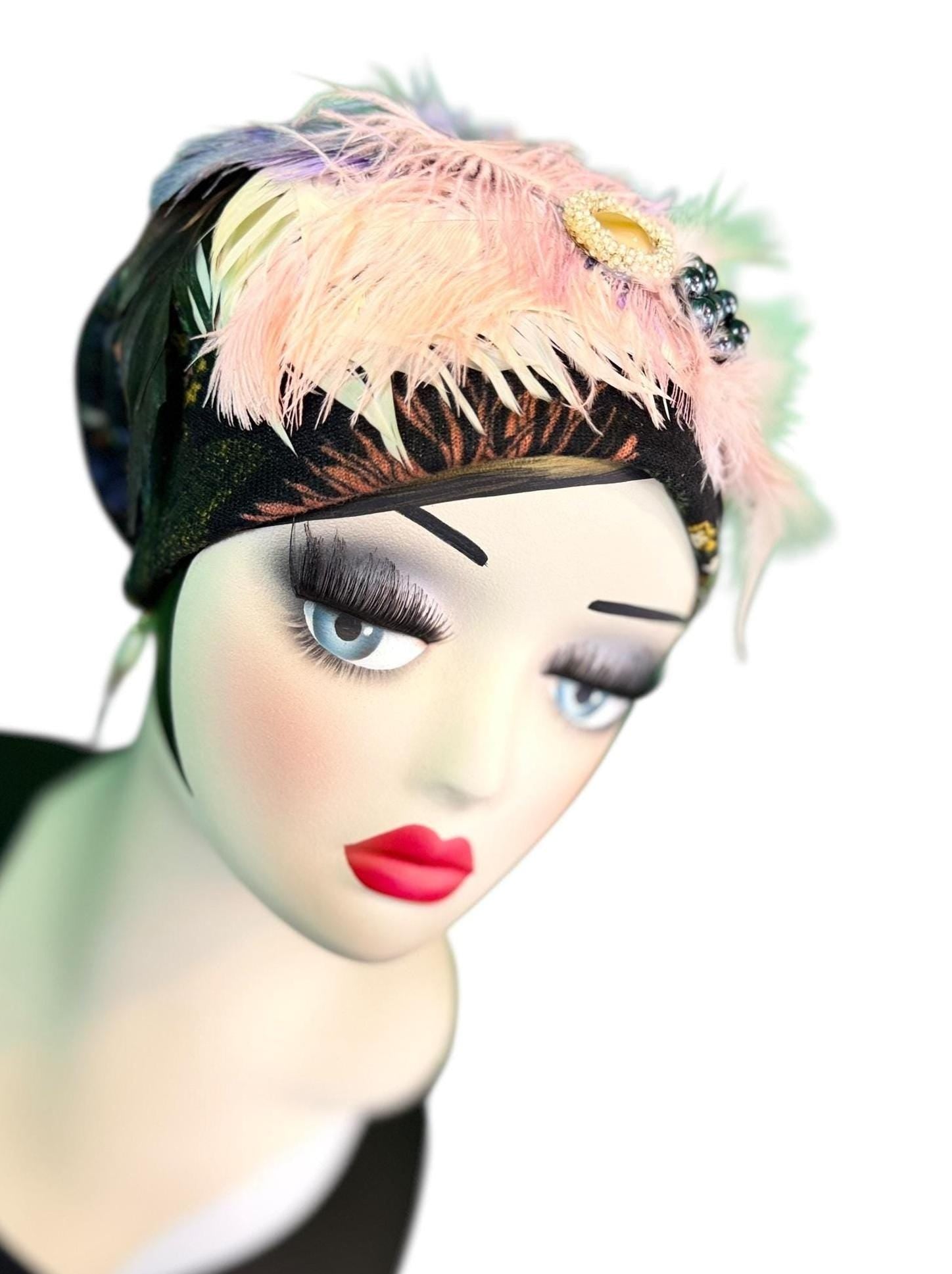 Fancy Feathered Jeweled Knit Hat - Sparkly Winter Flapper Beanie - Luxury Skiing Hat