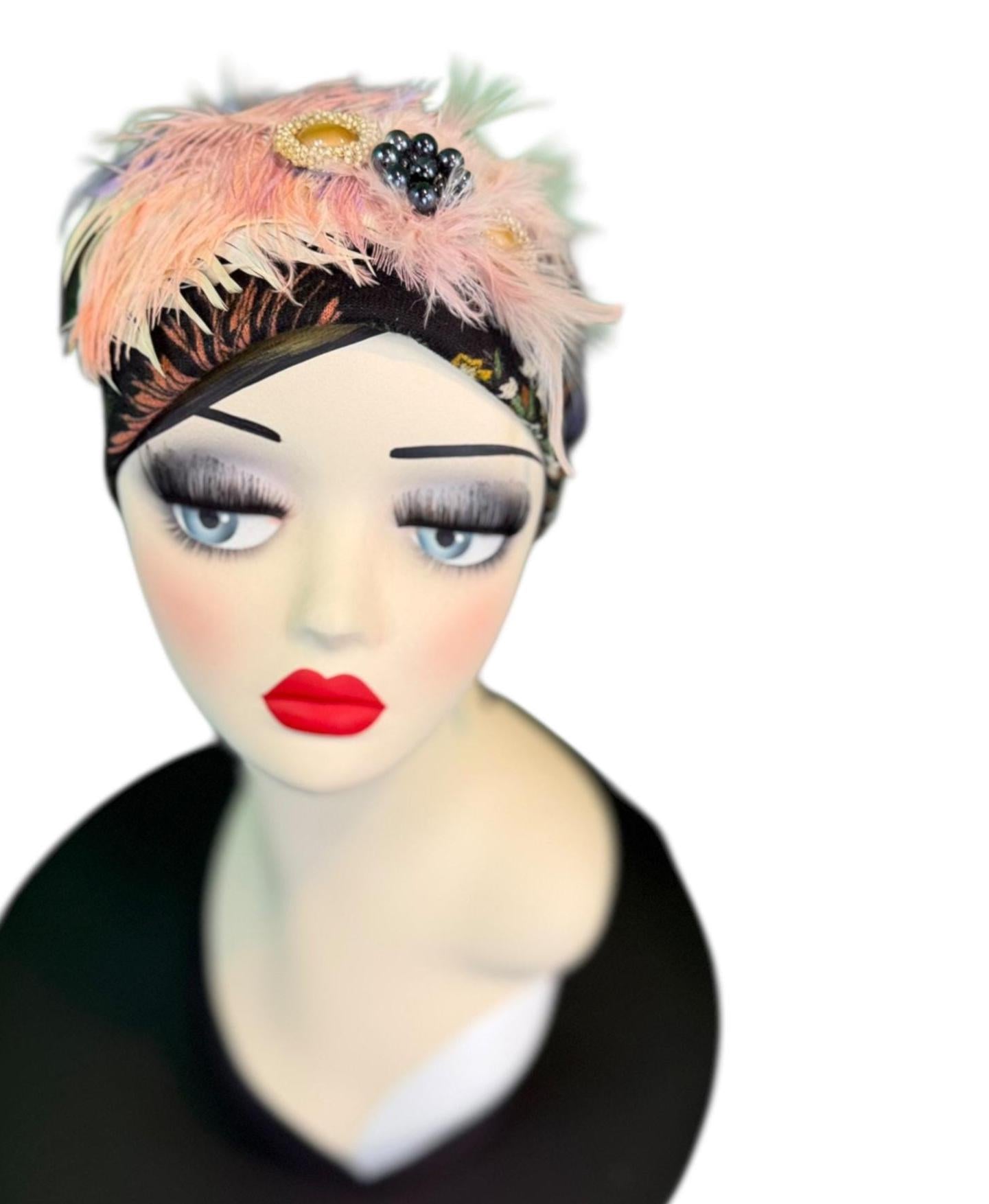 Fancy Feathered Jeweled Knit Hat - Sparkly Winter Flapper Beanie - Luxury Skiing Hat