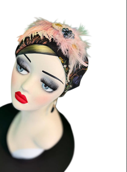 Fancy Feathered Jeweled Knit Hat - Sparkly Winter Flapper Beanie - Luxury Skiing Hat