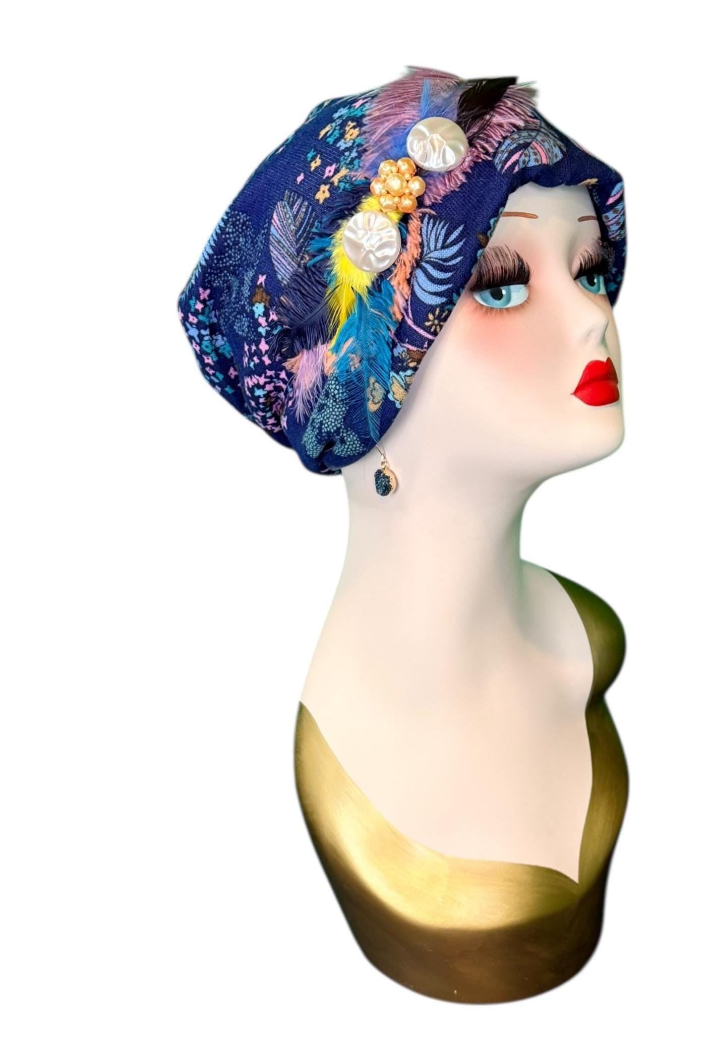 Fancy Feathered Jeweled Knit Hat - Sparkly Winter Flapper Beanie - Luxury Skiing Hat