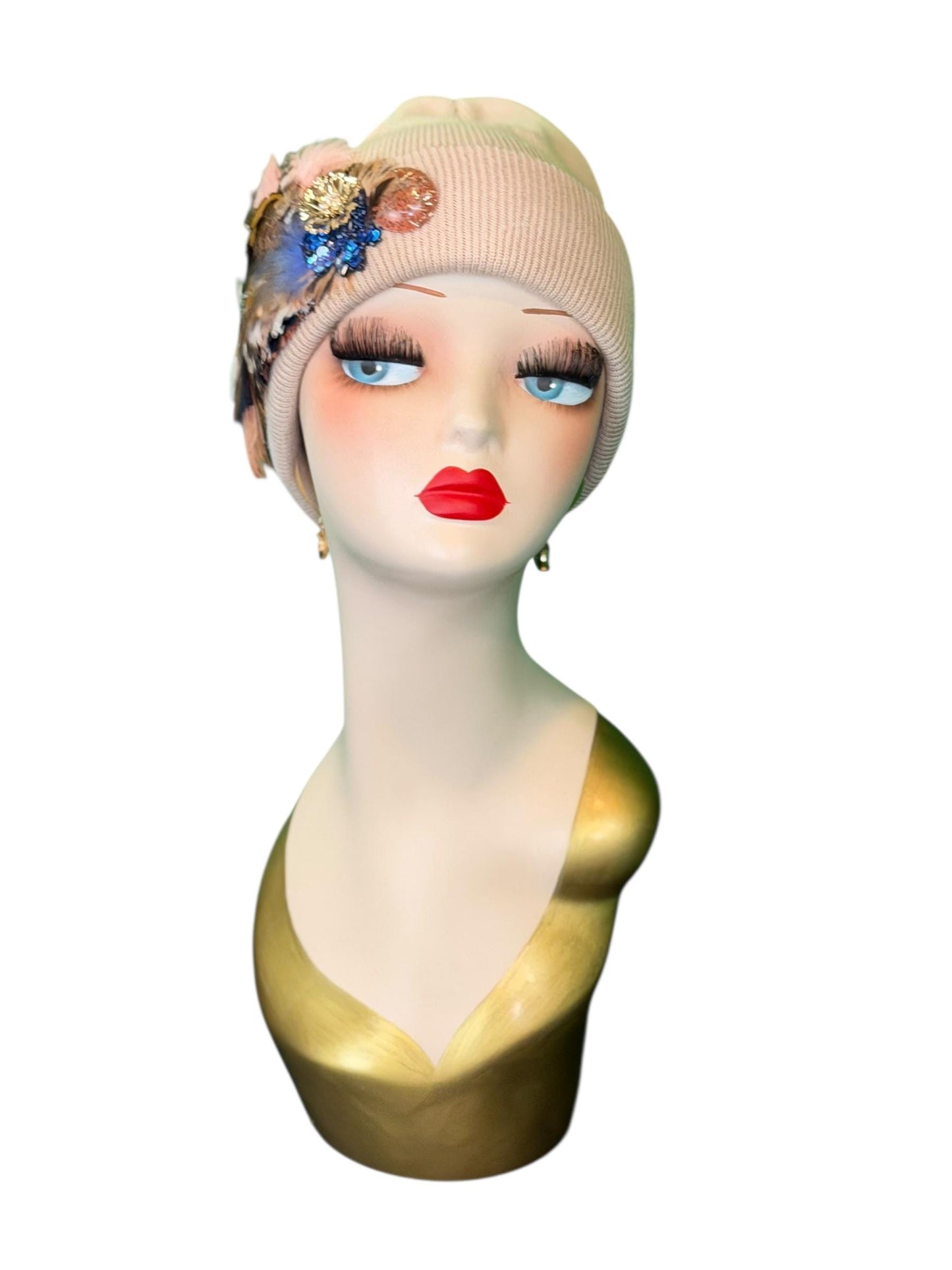 Fancy Feathered Jeweled Knit Beanie Winter Flapper Vintage Style