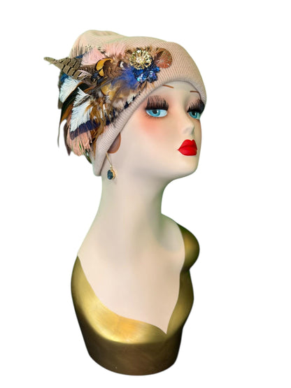 Fancy Feathered Jeweled Knit Beanie Winter Flapper Vintage Style