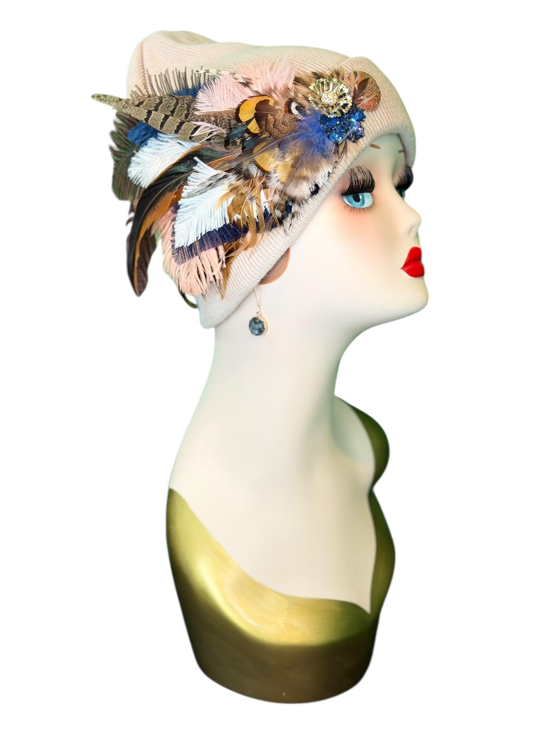 Fancy Feathered Jeweled Knit Beanie Winter Flapper Vintage Style