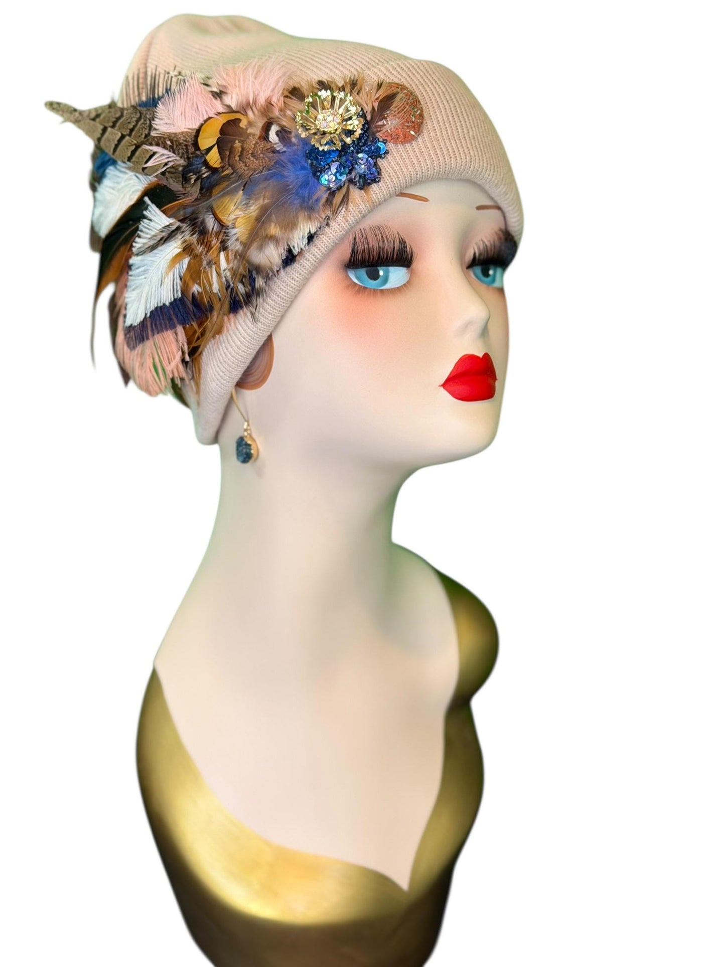 Fancy Feathered Jeweled Knit Beanie Winter Flapper Vintage Style