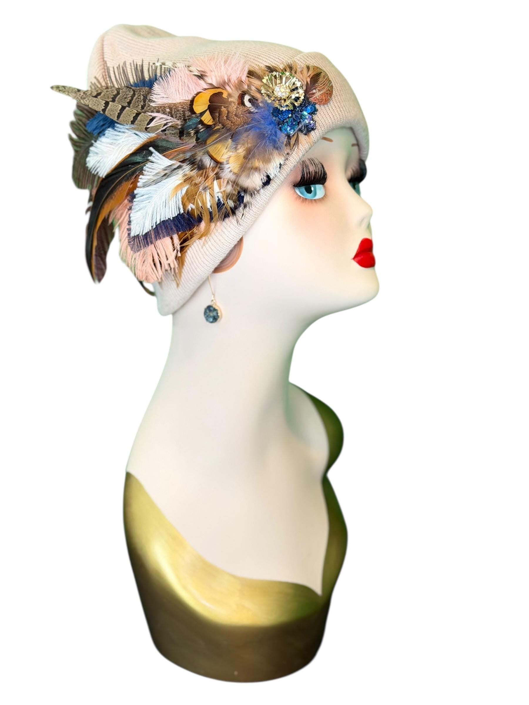 Fancy Feathered Jeweled Knit Beanie Winter Flapper Vintage Style