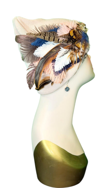 Fancy Feathered Jeweled Knit Beanie Winter Flapper Vintage Style