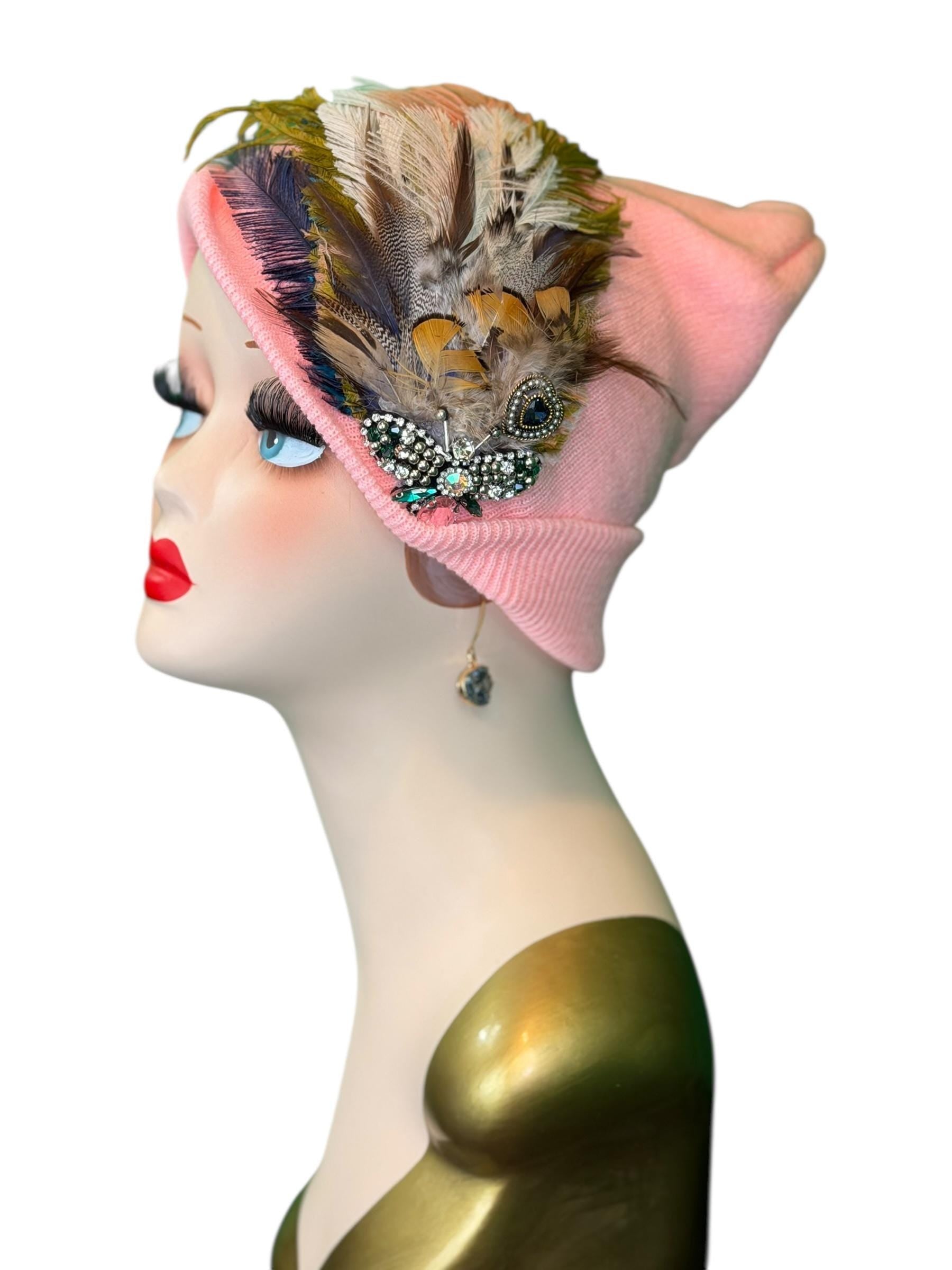 Bumblebee Jeweled & Feather Knit Hat - Fancy Sparkly Winter Flapper Beanie - Luxury Skiing Hat