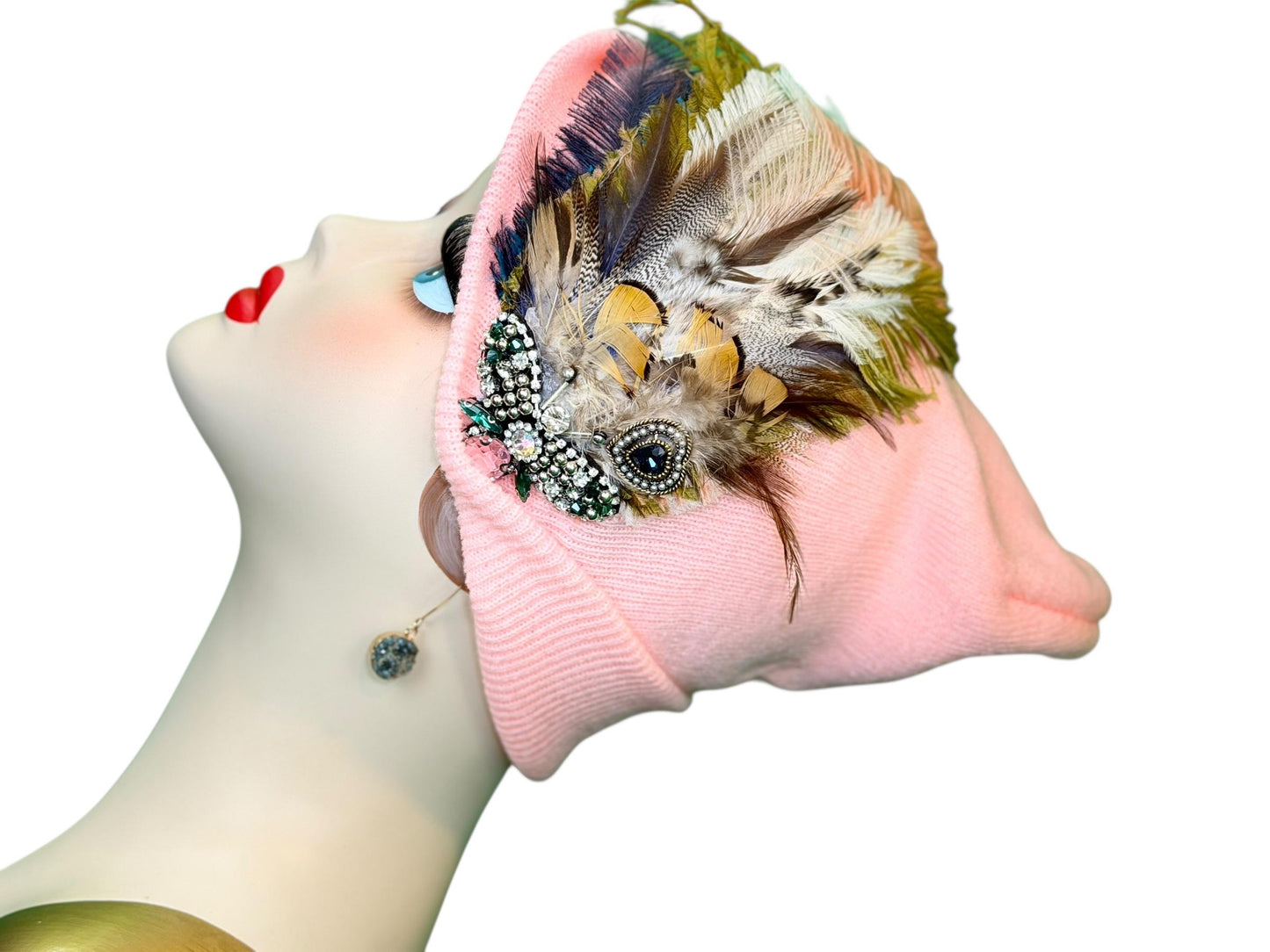 Bumblebee Jeweled & Feather Knit Hat - Fancy Sparkly Winter Flapper Beanie - Luxury Skiing Hat