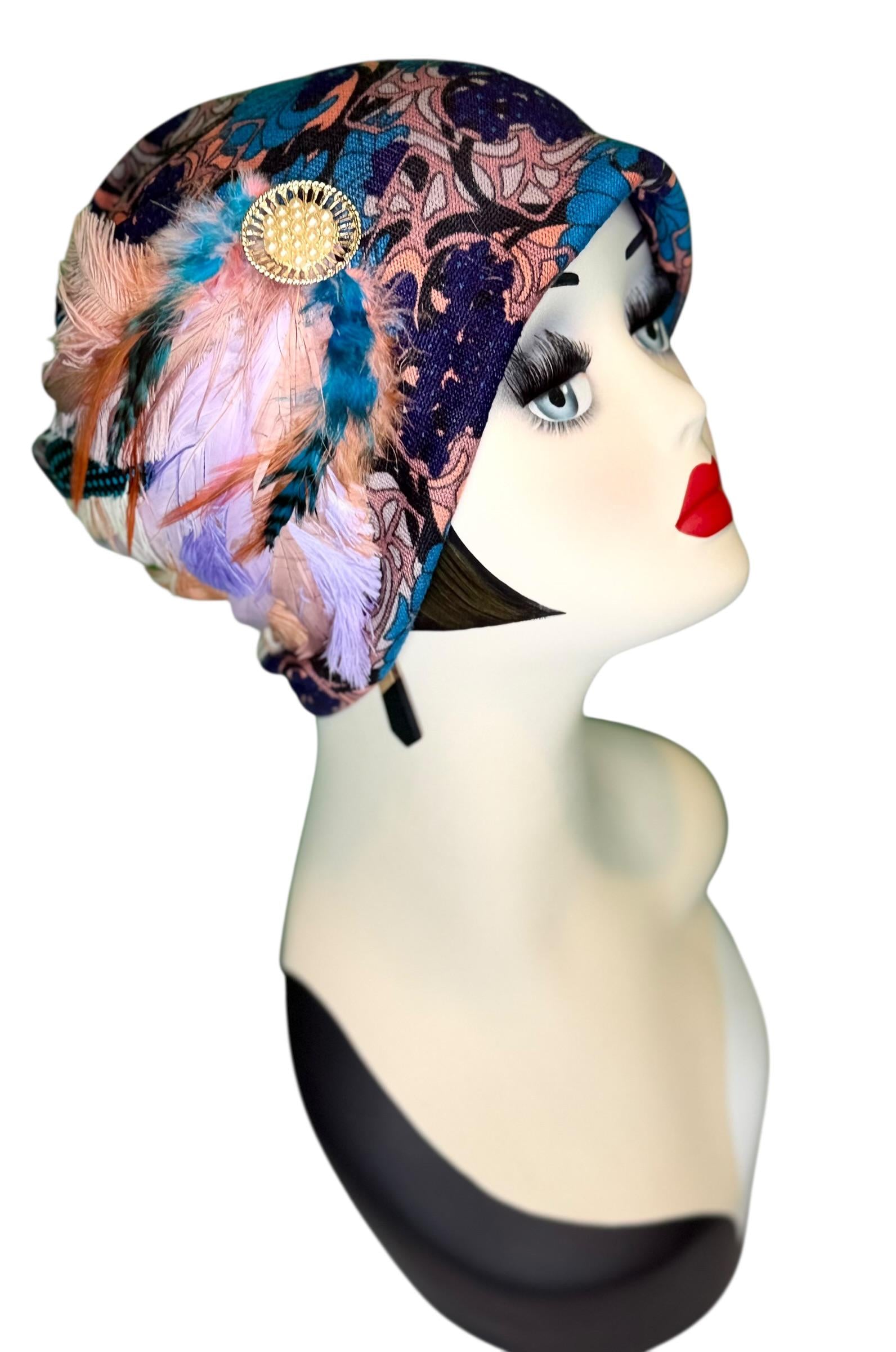 Elegant Roaring 20’s Vibe Feathered Jeweled Hat - Winter Flapper Beanie - Fashionable Skiing Hat