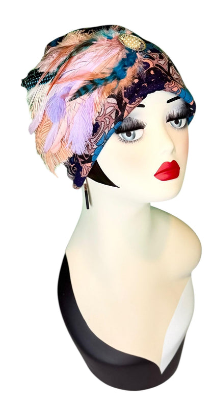 Elegant Roaring 20’s Vibe Feathered Jeweled Hat - Winter Flapper Beanie - Fashionable Skiing Hat