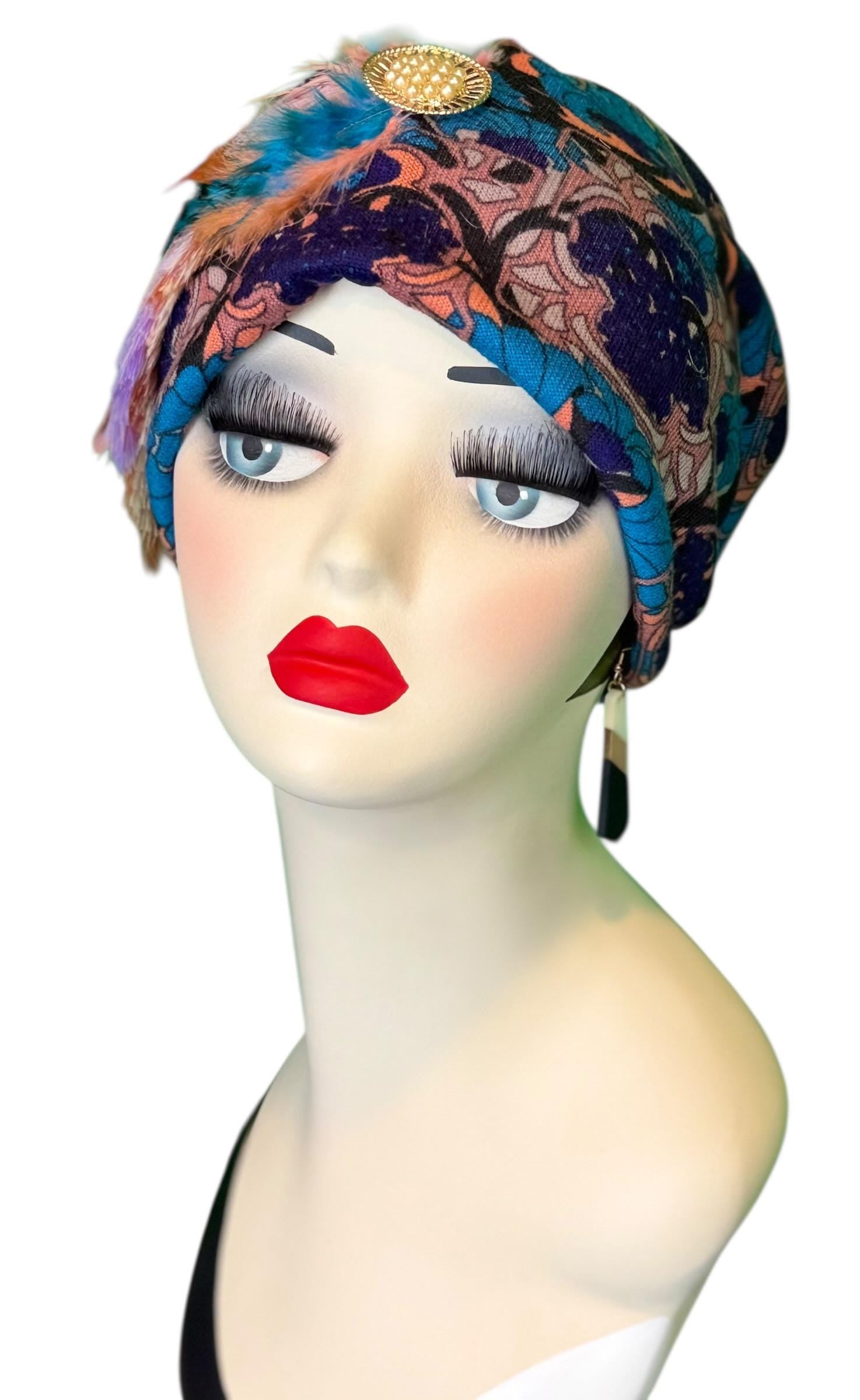 Elegant Roaring 20’s Vibe Feathered Jeweled Hat - Winter Flapper Beanie - Fashionable Skiing Hat