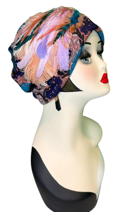 Elegant Roaring 20’s Vibe Feathered Jeweled Hat - Winter Flapper Beanie - Fashionable Skiing Hat