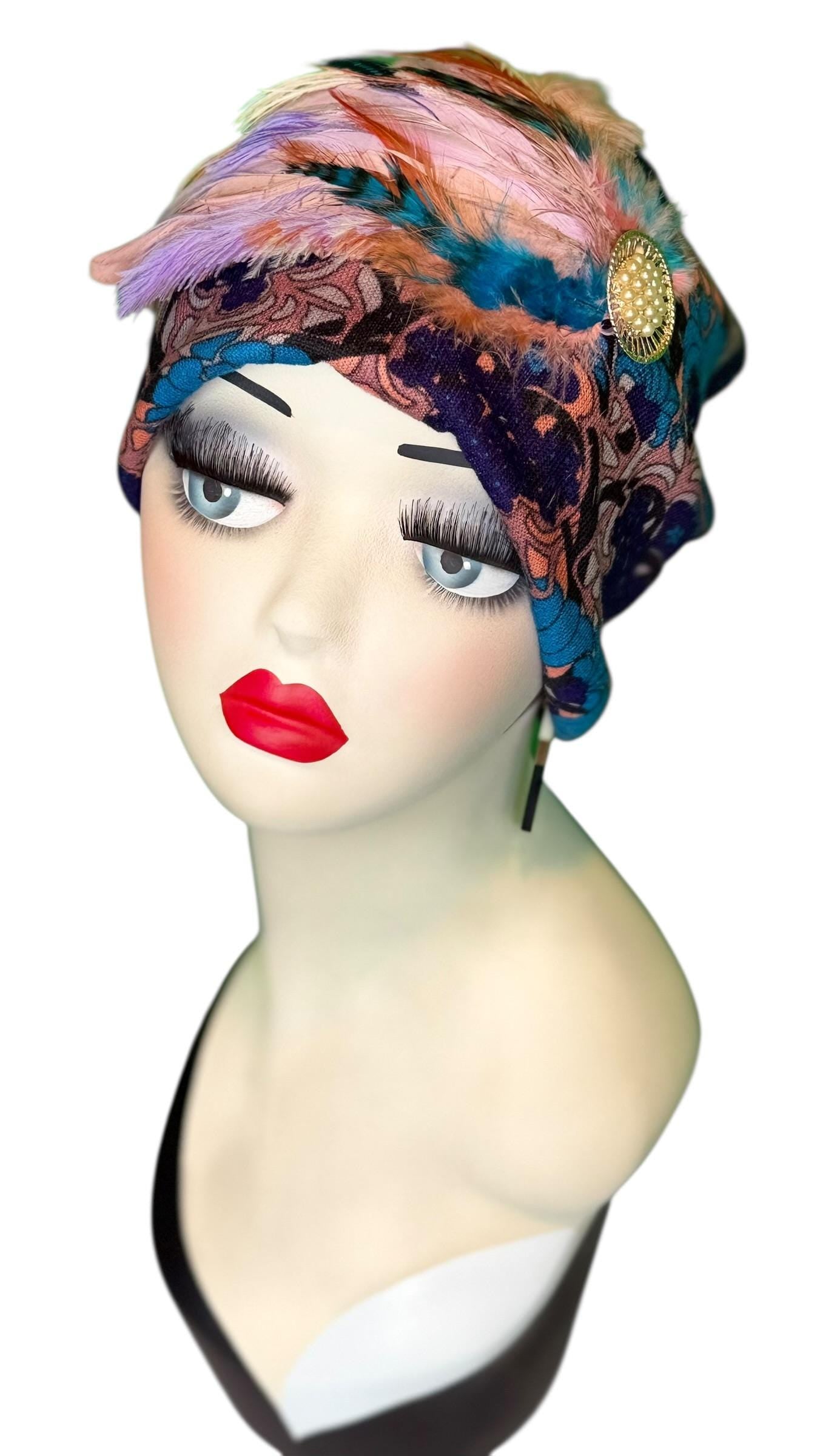Elegant Roaring 20’s Vibe Feathered Jeweled Hat - Winter Flapper Beanie - Fashionable Skiing Hat