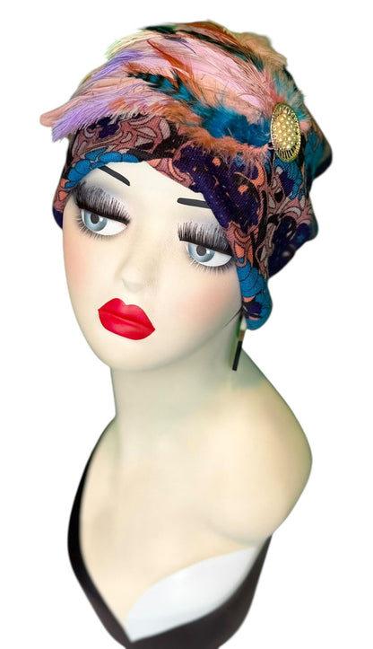 Elegant Roaring 20’s Vibe Feathered Jeweled Hat - Winter Flapper Beanie - Fashionable Skiing Hat