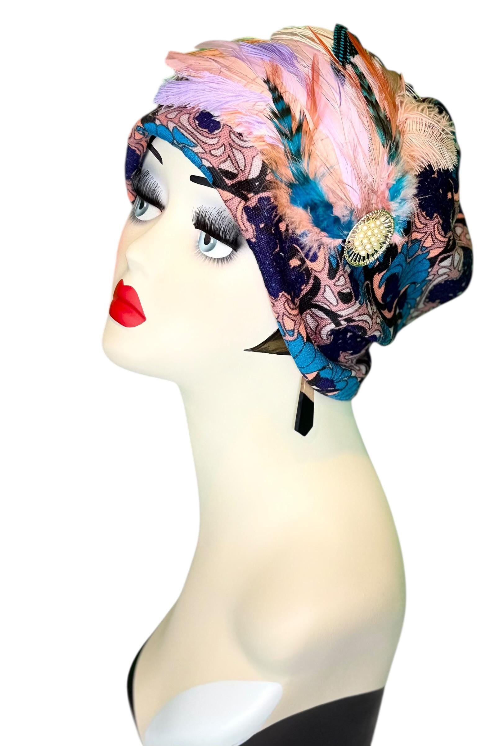 Elegant Roaring 20’s Vibe Feathered Jeweled Hat - Winter Flapper Beanie - Fashionable Skiing Hat