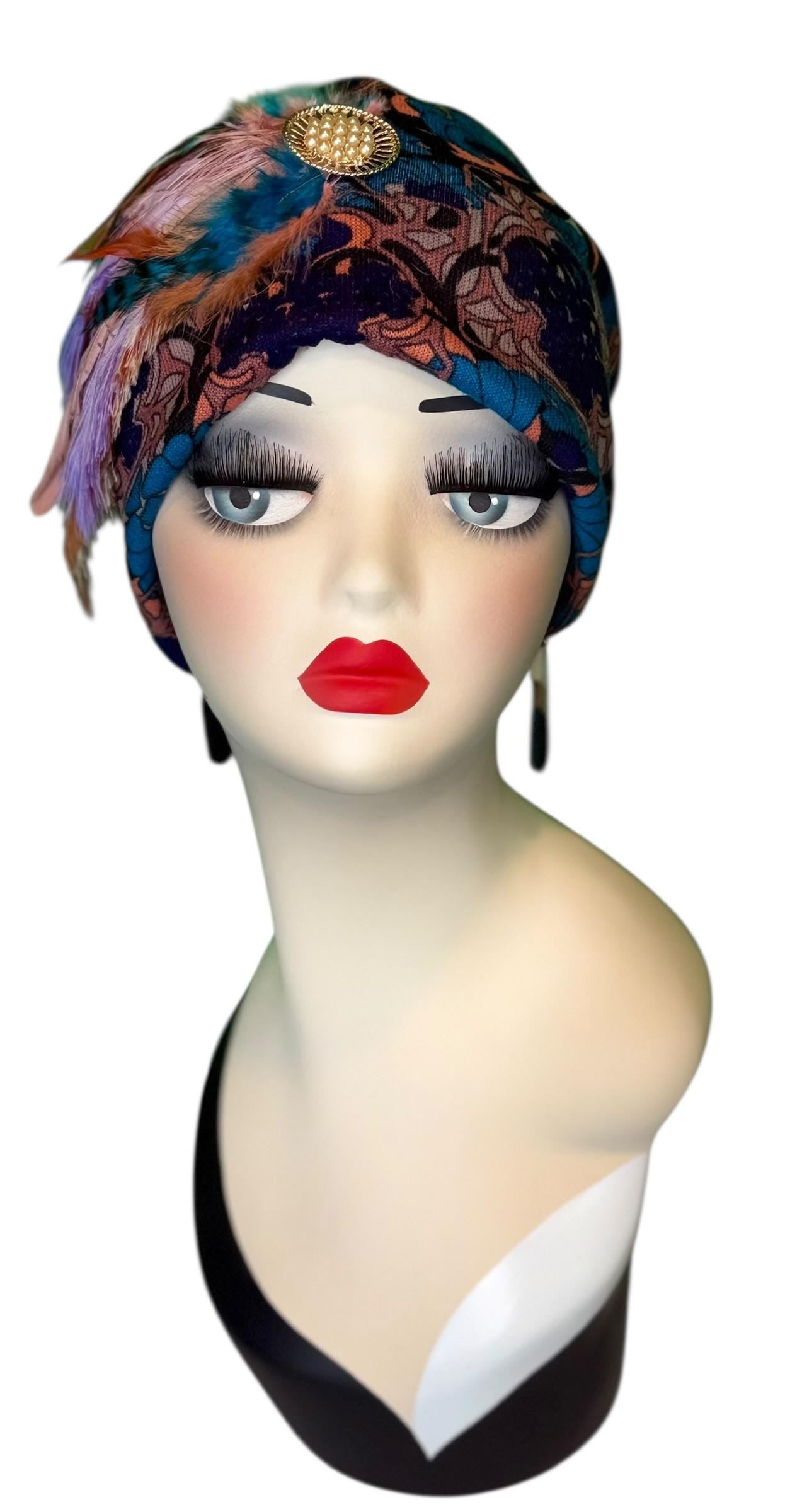 Elegant Roaring 20’s Vibe Feathered Jeweled Hat - Winter Flapper Beanie - Fashionable Skiing Hat