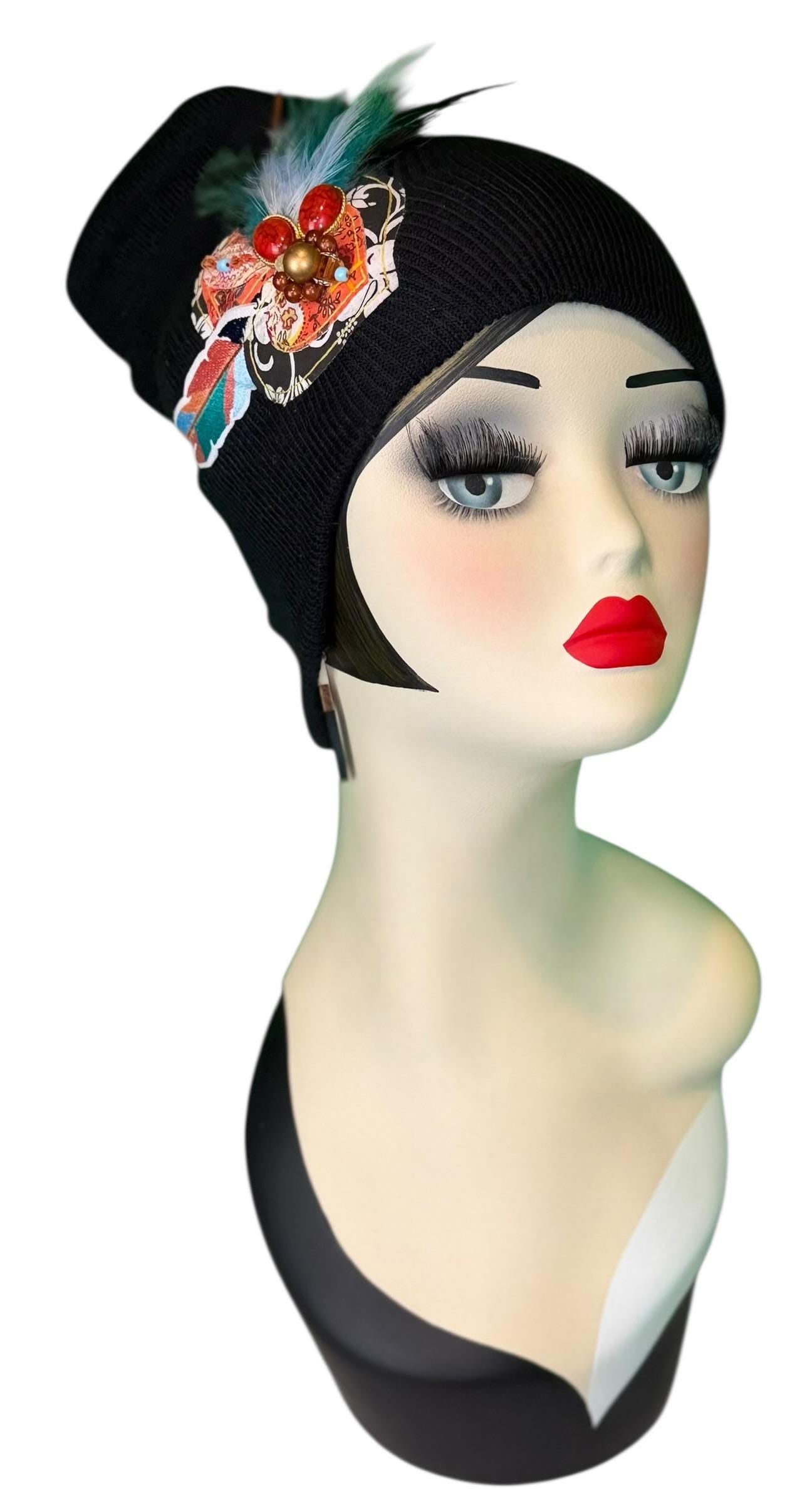 Statement Tribal Patchwork Flapper - Designer Jeweled and Feathered Embellished Knit Hat