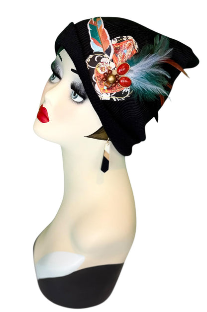 Statement Tribal Patchwork Flapper - Designer Jeweled and Feathered Embellished Knit Hat